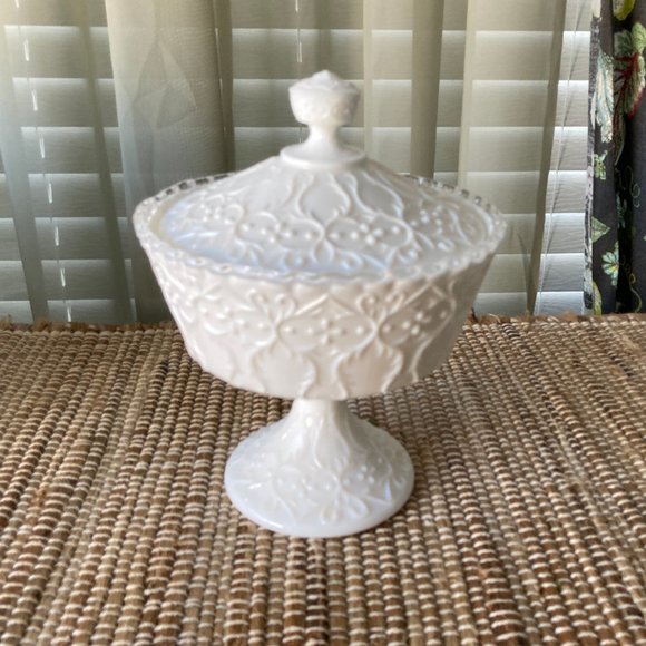 Fenton Other - Fenton White Milk Glass Silver CrestSpanish Lace Footed Candy Box With Lid